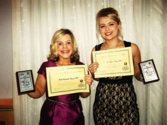 Drama Queens: Finvoy members Rachel Campbell and Charlotte Taylor who were awarded "Most Promising Actresses" in the YFCU one act drama festival for their roles as Lilly and Jean. INBM21-14