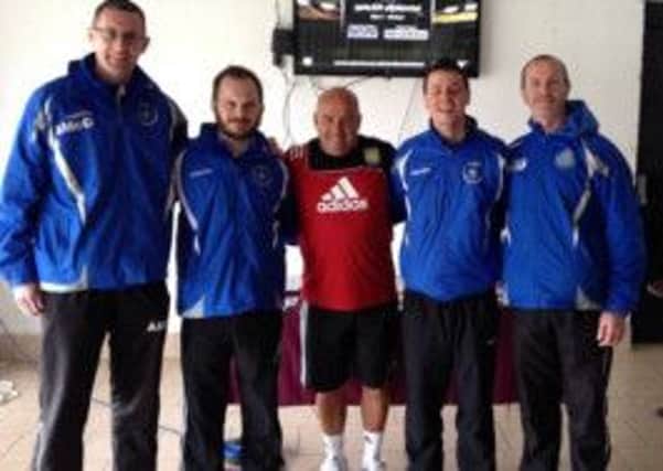 Northend Uniited Coaches Ally McGarry, Eoin Hudson, Brian O'Hara and John Devlin with instructor Austin Spreight, who gained  their Coerver Coaching Youth Diplomas at the weekend.