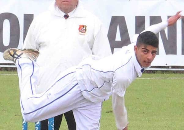 Coleraine bowler Rishi Chopra in action against Bonds Glen at Sandel Lodge. PICTURE MARK JAMIESON.