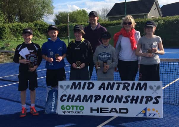 U14 Mid Antrim Championship Finalists with Stephen Higgins of Gotto Sports & Maxine Higgins (ATT Club Chairperson).