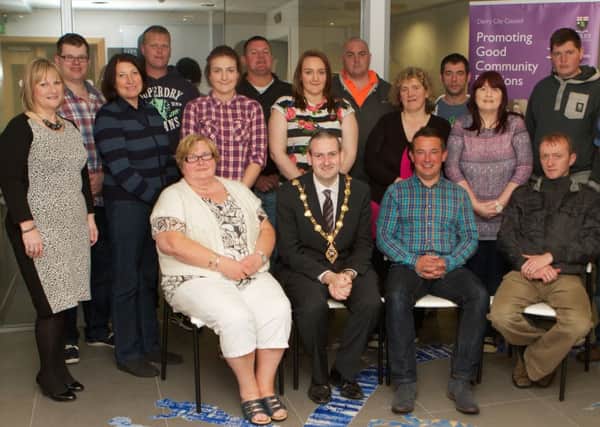 Mayor Martin Reilly pictured with participants at the 'Bonfires - Alternative to Bonfires' event held in Holywell DiverseCity Community Partnership Headquarters, Bishop Street. Seated, second from right is Seamus Coyle, WEA - event management. Also included are Laura Hamilton and Helena Kearney, community relations officers, Derry City Council.  (Photo - Tom Heaney, nwpresspics)
