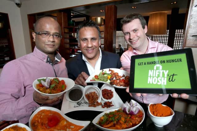 Nifty Nosh co-founder Barry Lynch from Magheralin and new investor Suneil Sharma joined Ahmed Nasir from the Jharna Restaurant on Belfast's Lisburn Road to unveil the ambitious growth plans for Nifty Nosh. The Jharna, Bithika and Indie Belfast in the city, which are sister restaurants, were the first Indian eateries to join the Nifty Nosh service when it went live back in 2007. Plans are now under way to firmly build on Nifty Nosh's 300-strong network of retailers over the next three years.