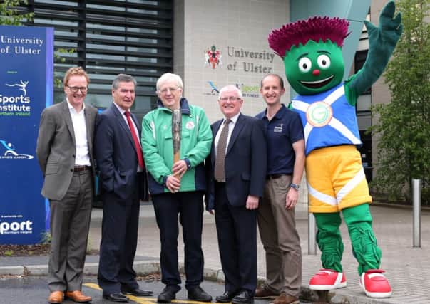 The Sports Institute Northern Ireland played host to the Queens Baton on Tuesday afternoon, giving aspiring Commonwealth Games athletes and support staff a chance to be part of the excitement as the the Baton tours Northern Ireland. Pictured L-R:  Dr Shaun Ogle, Executive Director of Sports Institute Northern Ireland, Professor Richard Barnett, Vice Chancellor of University of Ulster, Robert McVeigh, Chairman of Northern Ireland Commonwealth Games Council, Professor Alasdair Adair, Pro Vice Chancellor of University of Ulster, Professor Phil Glasgow, Head of Sports Medicine. Pic by Darren Kidd /Presseye.com