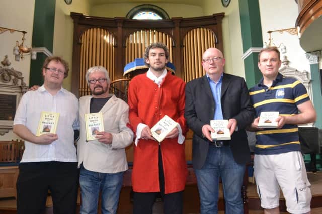 Attending the launch of The Little Book of Belfast are (from left to right)  Gary Mitchell, playwright; Raymond ORegan, author and historian; Jonathan Swift (aka Nicky Birch); Arthur Magee, Experience Belfast and Neil Sinclair, former British welterweight champion. INCT 22-702-CON