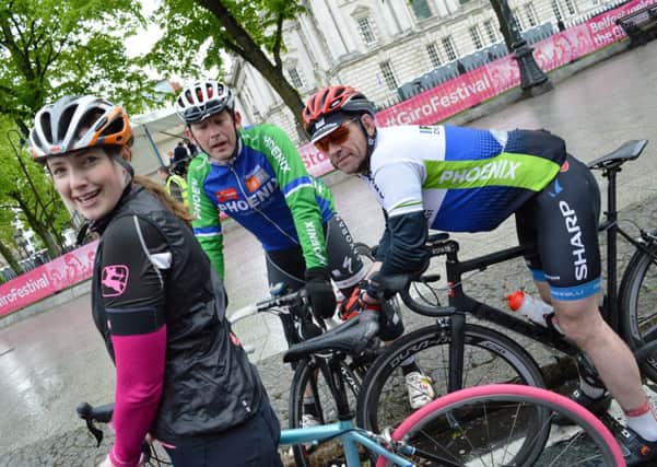 Stephen Coogan , 41, Naomi McLaughlin, 35 and Rodney Martin, 47, from Lisburn on their bikes in honour of the Giro d'Italia. PICTURE AND COPY BY LISE MCGREEVY.