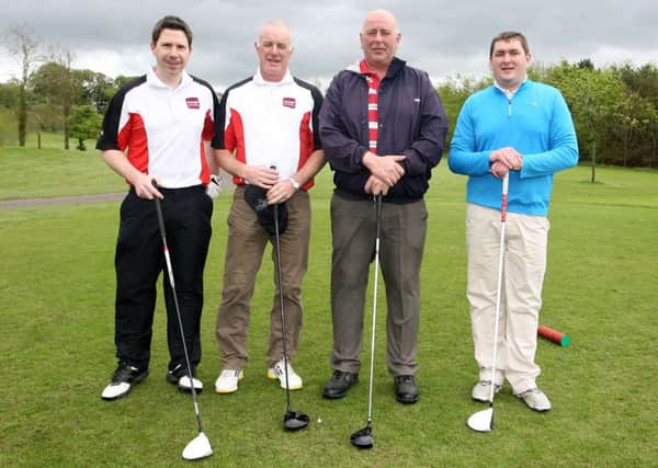 Mark McAvoy, Eamon McCann, Willie Harkin and Conor Mulholland,of Garage Door Systems, who took part in the recent Ballymena Chamber of Commerce and Industry golf outing at Galgorm Castle Golf Club. INBT20-218AC