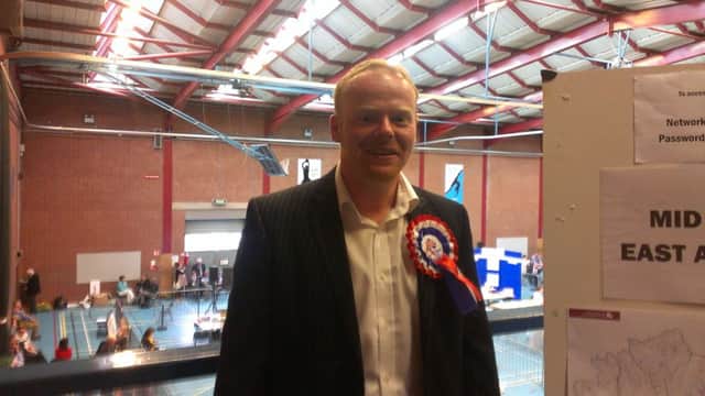UUP Deputy  Mayor of Carrick, Councillor John Stewart at the count centre in Ballymena shortlly after being elected on Friday. INCT 22-790-CON