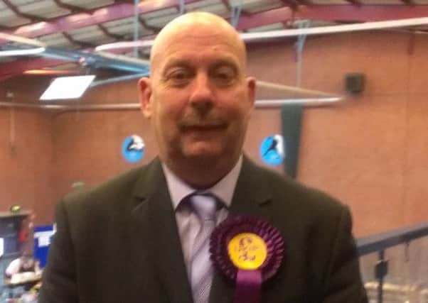 Noel Jordan at the election count in Seven Towers Leisure Centre, Ballymena, after taking a seat for UKIP on the new council. INCT 22-791-CON
