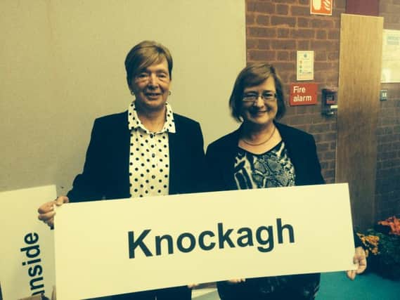 DUP candidates May Beattie (left) and Lynn McClurg celebrating after being elected to Knockagh District Electoral Area. INCT 22-796-CON