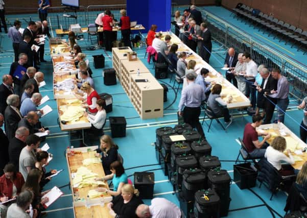 The election count proceedings under way at the Seven Towers Leisure Centre. INBT22-208AC