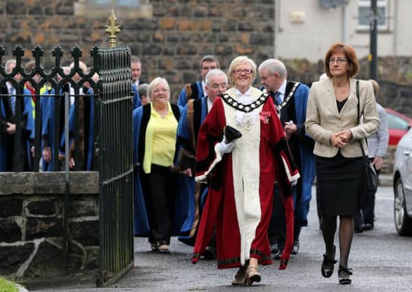 Mayor of Ballymena Cllr Audrey Wales is joined by Ballymena Borough Council Director Sandra Cole as they arrive for Sunday's Civic Service at St Patrick's Church of Ireland. INBT 22-119JC