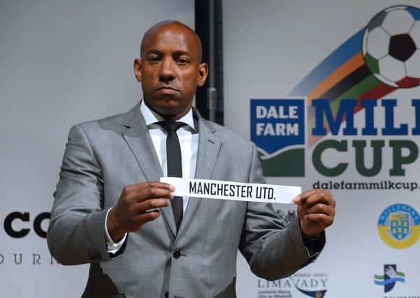 Former Man Utd, Aston Villa and England striker Dion Dublin, pictured at the Dale Farm Milk Cup draw. Russell Pritchard/Presseye