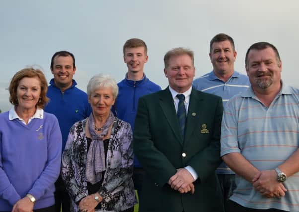 Pictured after the recent A.B. Motors N.I. Ltd Open are from left to right: Denise Callan (Lady Captain); Paul McGuigan (Back 9); Christine McCafferty (Ladies Winner) Shane McClean (Gross); Mr Chris Lynch (Captain); Gerald Harkin (Second) and Martin McGough (Winner).