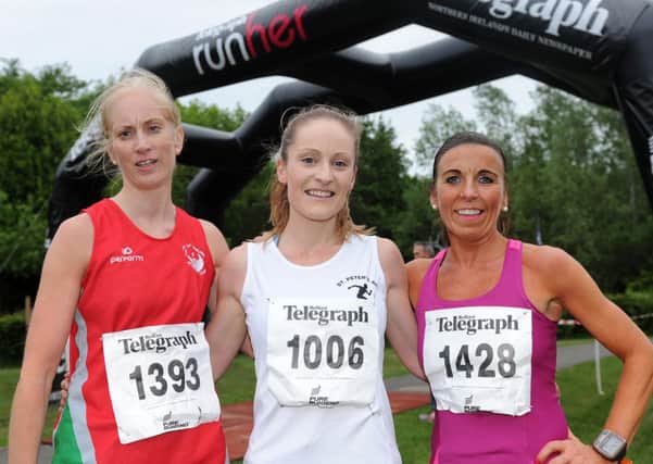 The race was won by Patricia OHagan (centre) from Lurgan in a time of 37:15 with second place achieved by Belfast woman Cathy McCourt in 38:28 and in third place was Judith Lonnen (left) from Lisburn in 38:32.