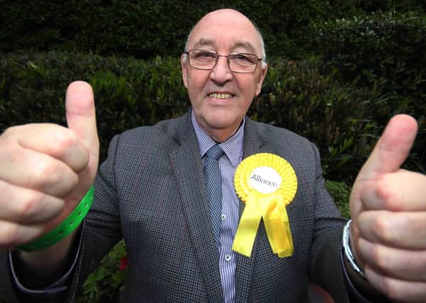 The Alliance Party's Barney Fitzpatrick celebrates his election success. PICTURE: MARK JAMIESON. INCR22-503MJ