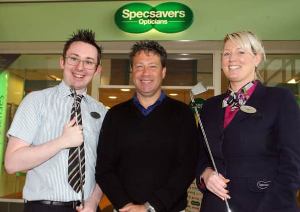 Stephen Lymm, Stephen Penny and Claire Craig of Specsavers, Ballymena, sponsors of Sunday's tournament at Ballymena Golf Club. INBT23-200AC