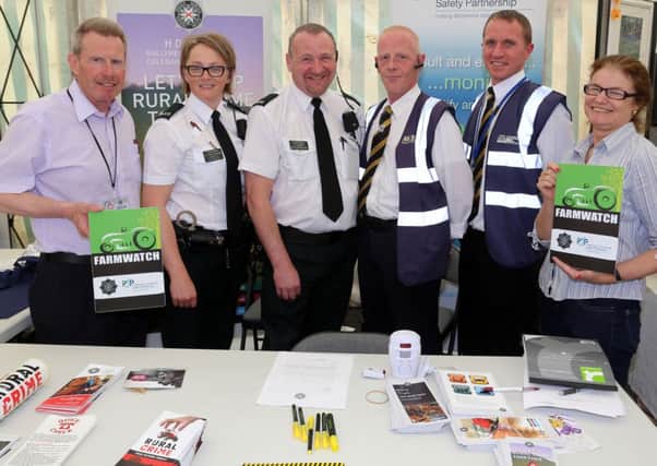 PJ Whyte (Crime Prevention officer), Con. C. McCullough, Con. P. McKee and Karen Moore (Ballymena PCSP manager) along with town centre warden Billy Hamilton and rural community safety warden William Grey at the Ballymena Show. INBT23-234AC