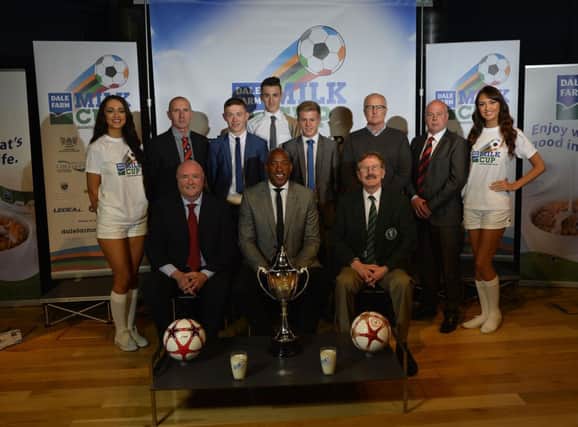 County Londonderry representatives at the Dale Farm Milk Cup draw in Belfast's W5 at the Odyssey. Included are guest of honour Dion Dublin, Dale Farm commercial director Jason Hempton and tournament chairman Victor Leonard. Picture by Russell Pritchard/Presseye