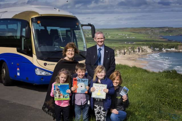 Pictured are Liz Weir, Lyle Hunter, Translink and Kerrie McGonigle, Tourism Development Manager of Moyle District Council with local children Lucy McKay, Devon Sharkey and Amber Greer from Bushmills Primary School.inbm23-14 s