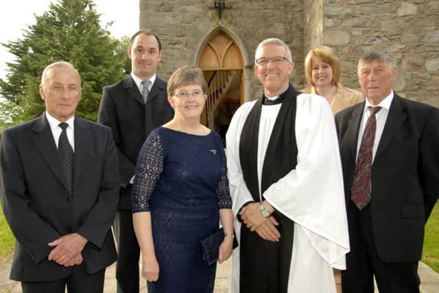 Church Wardens from Drumgooland and St. John's Parish Churches, including from left, William Owen (People's Warden) David McCullins (Rector's Warden), Sandra Parke, (Rectors Warden) and Ernest Wilson (Peoples Warden) attended the Institution of their new Rector the Reverend Gerald Macartney, who was accompanied by his wife Roberta.  © Photo: Gary Gardiner. IN BL WK 2314-506.