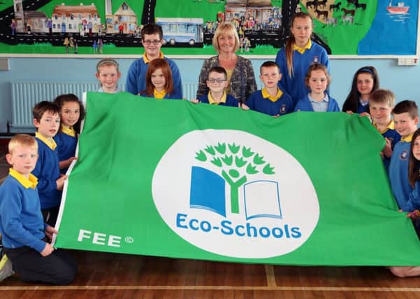 Hezlett Primary School who have been awarded the Eco-Schools Programme Green Flag. Included is; Mrs. Karen Gilpin, Eco-Schools Co-ordinator and vice-principal. INCR23-370PL