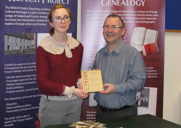 Orange Order Director of Services, Dr David Hume and museum administrator, Rachel Sayers with the Samuel Milligan collection, which is now part of the Institution's archives.  INLT 23-686-CON