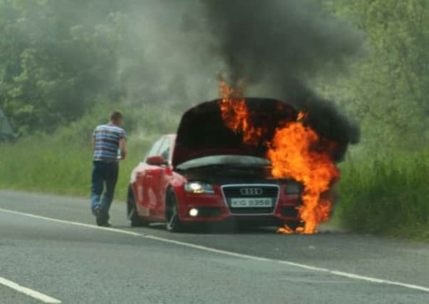 This car is believed to have caught fire while the driver was driving along the Dungannon Road, Cookstown, on Saturday afternoon. Picture: Johnny Megarry.