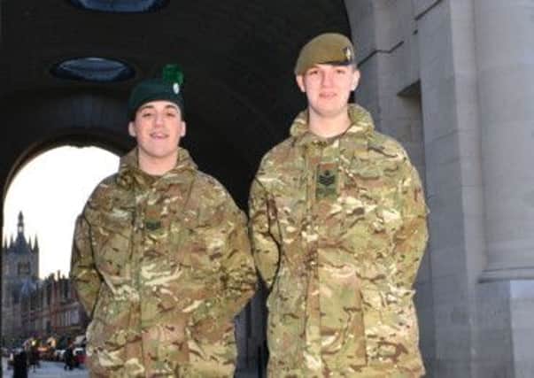 Cadet Sergeant Jay Allen and Cadet Sergeant Edward Smyth, from Lisburn at the iconic Menin Gate.