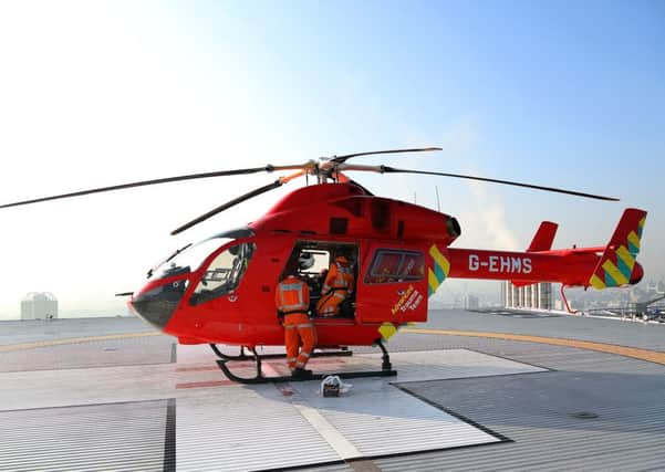 An Air Ambulance arrives on the roof of the Royal London Hospital.  Image courtesy of CHANNEL 5