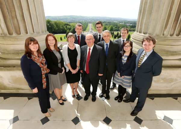 Pictured at a reception to mark the fifth anniversary of the Northern Ireland Assemblys Bursary Programme are: back row (l-r) Bursary students Stephen Orme, Martin McTaggart and Christopher Buchanan. Front row (l-r): Bursary students Laura Steele, Clare Rice; Professor Ellen Douglas-Cowie, Pro Vice Chancellor for Education and Students, QUB; Speaker of the Northern Ireland Mr William Hay MLA; Professor Rick Wilford, QUB; and Bursary students Megan Ward and Conal OHare.  Picture by Kelvin Boyes / Press Eye