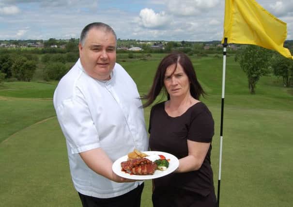 Down Royal Park Golf Course Chef Gareth Toman with Colleen Furfey and South American themed dish Costillas de Cerdo a la Riojana.