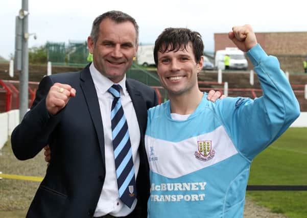Glenn Ferguson says that Alan Davidson, pictured here celebrating after Ballymena United's Irish Cup semi-final victory, remains part of his plans for next season. Picture: Press Eye.