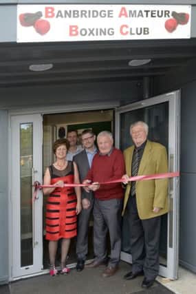 Olympian Boxer Eamon McCusker cuts the ribbon to mark the opening of the new Banbridge Amateur Boxing Club at Havelock Park, included is Club President Jim Scullion, Chairman Martin Casey, Secretary Anne Murphy and Treasurer Ashton Clydesdale © Edward Byrne Photography INBL1423-233EB