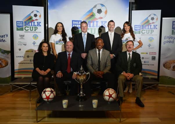 Ballymena Borough Council representatives at the Dale Farm Milk Cup draw in Belfast's W5 at the Odyssey.  Included are guest of honour Dion Dublin, Dale Farm commercial director Jason Hempton and tournament chairman Victor Leonard. Picture: Press Eye.