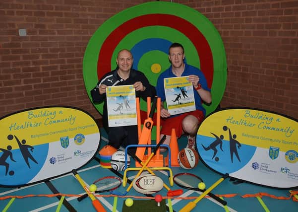 Gary Boyd, Ballymena Community Sports Development Officer Gary Bod and William Glover of Ballymena Seven Towers Leisure Centre at last week's launch of the Ballymena Community Sports Summer Multi Sports Camps. INBT 24-171CS