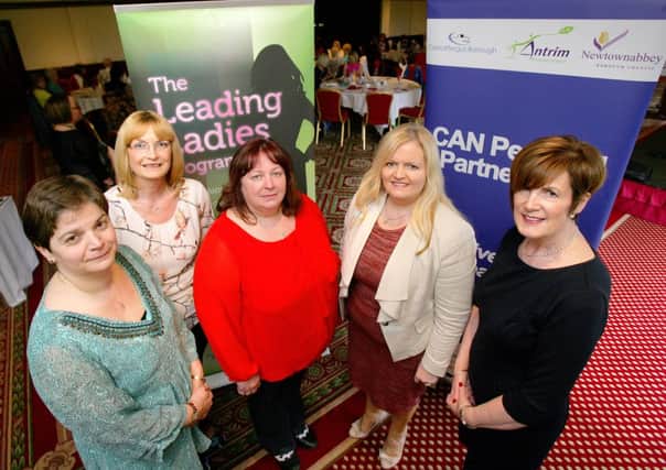 Pictured at the Leading Ladies event in Corr's Corner Hotel are (l-r) Koulla Yiasouma, Director of Include Youth; Dorothee Wagner and Kathy Wolff, CAN PEACE III Partnership members; Patricia Lewsley-Mooney, NI Commissioner for Children and Young People and Councillor Noreen McClelland, Vice Chair of the CAN PEACE III Partnership. INNT 27-511CON