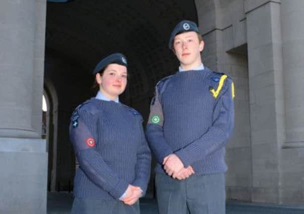 Cadet Flight Lieutenant Laurent Hunter and Cadet Sergeant Thomas Hogg pictured at the Menin Gate. INNT 24-600-CON