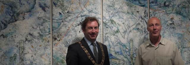 Dublin city Lord Mayor, Oisín Quinn with local artist Tommy Barr and his most recent painting