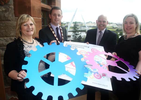 Deputy Mayor Alderman Gary Middleton with members of Derry City Council Community Relations at the programme launch at the Guildhall today.  Included from left are: Sue Divin, community relations officer, Peter Osborne, chairman of the Community Relations Council and Carol Stewart, community relations officer, Derry City Council.