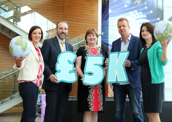 Congratulating Andre Van Es (second right) from Resto Coatings on being named the regional winner of the Grow Global Export Programme are (l-r) Moira Loughran, Invest NI; Ken Nelson, LEDCOM; Councillor Maureen Morrow, former Mayor of Larne and Barbara Orr, Full Circle Management Solutions. Andre wins up to £5,000 to spend on export activities.  INLT 24-686-CON
