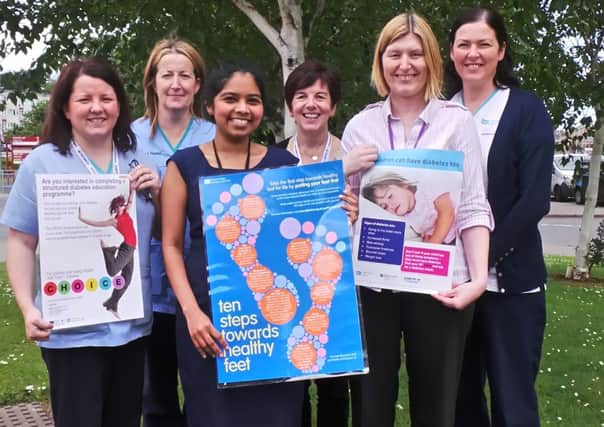 From left to right are: Lesley Hamilton, Diabetes Network Manager; Eilish McIvor, Diabetes Specialist Nurse; Dr Athinyaa Thiraviaraj, Consultant Physician in Diabetes and Endocrinology, Aileen Gallagher, Diabetes Specialist Podiatrist; Dr Bernie Trainor, Consultant Paediatrician in Diabetes and Aine Doherty, Diabetes Specialist Nurse.