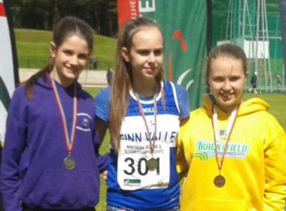 Girls U15 Podium 2nd Ellen Kirk (Springwell), 1st Sommer Lecky (Finn Valley), 3rd Kerry McDowell (Dromore AC).