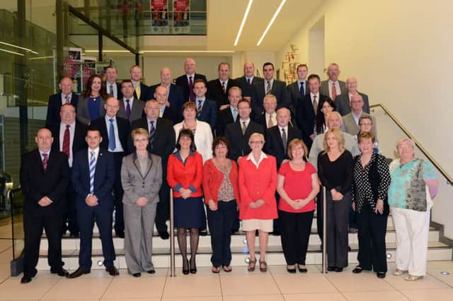The new 40-member Mid & East Antrim 'Super Council' for Ballymena, Larne and Carrickfergus. (Absent from photo are Cllrs Mark McKinty and James McKeown).