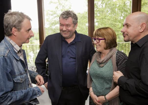 Actor Frankie McCafferty, playwrights Owen McCafferty and Marie Jones, with actor Richard Orr at the launch of Northern Soul, the new season at the Lyric Theatre in Belfast. Pic by Brian Morrison Photography