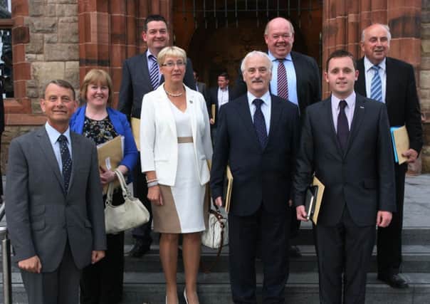 Members of the DUP grouping on the new Derry City and Strabane District Council pictured leaving the Guildhall on Wednesday night. Back row (from left) David Ramsey, Waterside; Allan Bresland, Sperrin; Thomas Kerrigan, Derg. Front row (from left) Vice Chair Maurice Devenney, Faughan; Resources and Finance Committee Vice Chair Rhonda Hamilton, Sperrin; Hilary McClintock, Waterside; Drew Thompson, Waterside; Gary Middleton, Faughan.