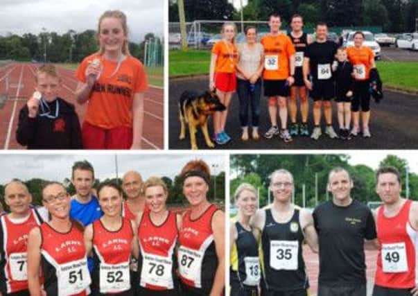 Pictured at the Active Antrim 5mile Road Race are (clockwise from top left)  Barn juniors Dylan OHagan and Emma Porter, the Barn Runners, East Coast ACs  Catherine Maxwell, James Robinson, Justin Maxwell, Allan McCullough and the contingent from Larne Athletic Club.
