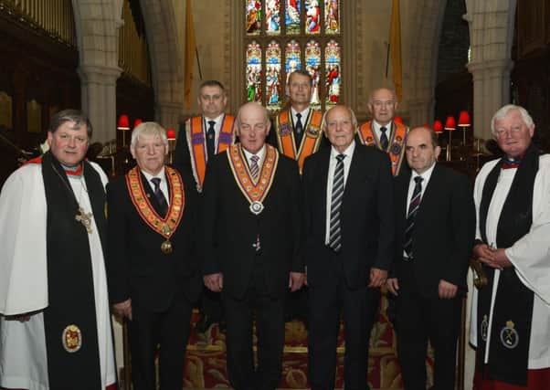 Pictured at the Service of Thanksgiving & Dedication of a Memorial Tablet by the City of Londonderry Grand Orange Lodge in St. Columb's Cathedral on Sunday were, from left, the Very Reverend Dr William Morton, Dean of Derry, James Hetherington, City Grand Master, Colin Campbell, Murdered Brethren representative, Edward Stevenson, Grand Master of the Grand Orange Lodge of Ireland, Alderman Maurice Devenney, Deputy City Grand Master, Jack Glenn, co-sponsor of the tablet, Robert Abernethy, Convenor of the Murdered Brethren Committe, Grand Orange Lodge of Ireland, David Hay, co-sponsor, and Canon John Merrick. INLS2414-167KM
