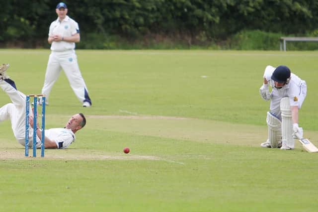 Coleraine batsman Scott Campbell touches down to save being out against Glendermott on Saturday at Rugby Avnue. INCR25 CRICKET 4 PICTURE MARK JAMIESON.