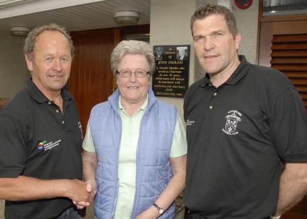 Howard Muray, Rathfriland Footbal Club Chairman, welcomes Mrs Elizabeth Ingram, wife of the Late John Ingram, a Founding member and Chairman of the for over 35 years, to the sixth annual John Ingram Memorial Funday at Iveagh  Park, Rathfriland. Looking on is John Annett, club treasurer and event organiser.  © Photo: Gary Gardiner.  IN BL WK 2514-510.