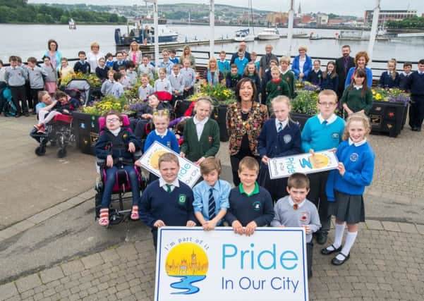 The Mayor Councillor Brenda Stevenson pictured with pupils from the schools who took part in the Pride in Our City, Plants Ahoy planter project. The schools who participated are, Foyleview, Eglinton, Newbuildings, St. Patrick's, The Fountain, Rosemount, Hollybush, Chapel Road, St. Colmcille's and Cumber Claudy Primary Schools. Picture Martin McKeown. Inpresspics.com. 13.06.14